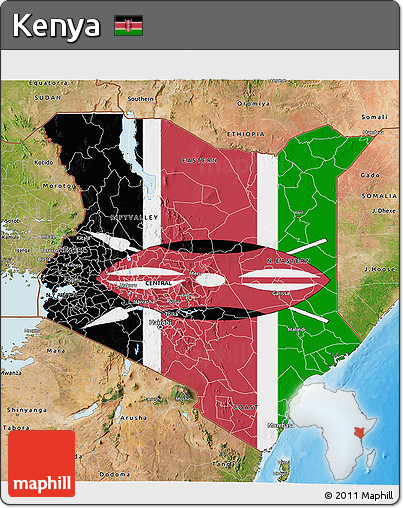Flag 3D Map of Kenya, satellite outside, bathymetry sea, flag rotated