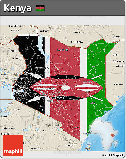 Flag 3D Map of Kenya, shaded relief outside, bathymetry sea, flag rotated