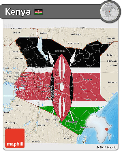 Flag 3D Map of Kenya, shaded relief outside, bathymetry sea