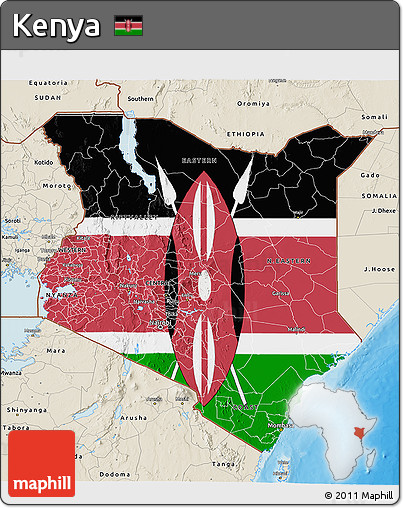 Flag 3D Map of Kenya, shaded relief outside, bathymetry sea