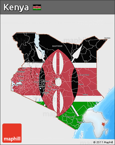 Flag 3D Map of Kenya, single color outside, bathymetry sea, flag centered