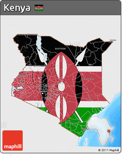 Flag 3D Map of Kenya, single color outside, bathymetry sea, flag centered