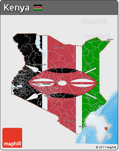 Flag 3D Map of Kenya, single color outside, bathymetry sea, shaded relief sea, flag aligned to the middle