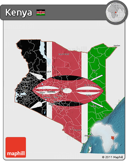 Flag 3D Map of Kenya, single color outside, satellite sea, flag aligned to the middle