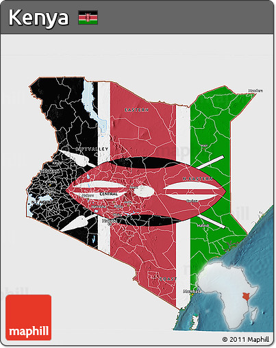 Flag 3D Map of Kenya, single color outside, satellite sea, flag aligned to the middle