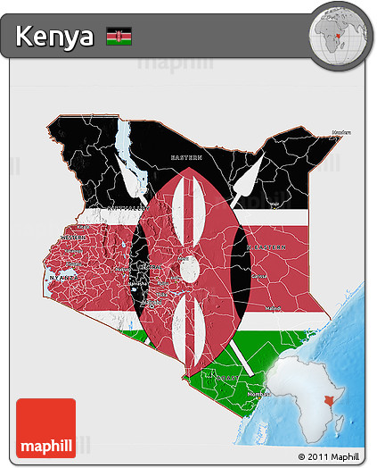 Flag 3D Map of Kenya, single color outside, shaded relief sea, flag centered