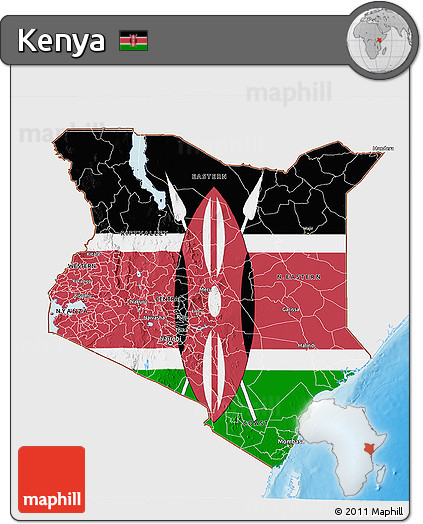 Flag 3D Map of Kenya, single color outside, shaded relief sea