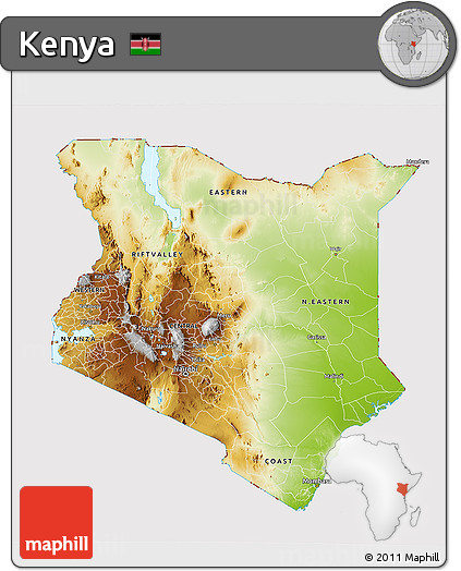 Physical 3D Map of Kenya, cropped outside
