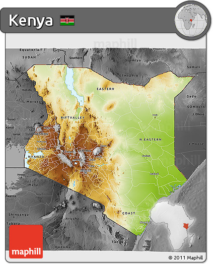 Physical 3D Map of Kenya, darken, desaturated