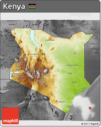 Physical 3D Map of Kenya, darken, desaturated