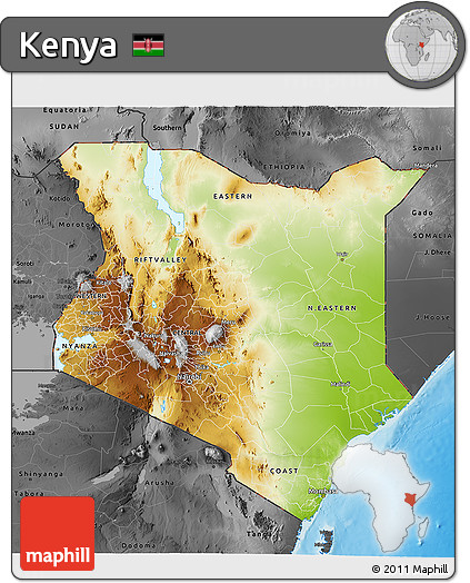 Physical 3D Map of Kenya, darken, desaturated, land only