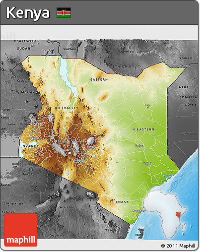Physical 3D Map of Kenya, darken, desaturated, land only
