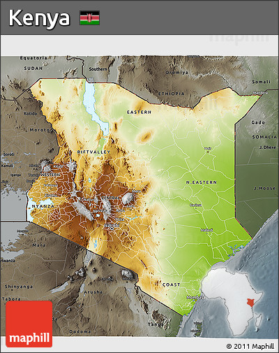 Physical 3D Map of Kenya, darken, semi-desaturated