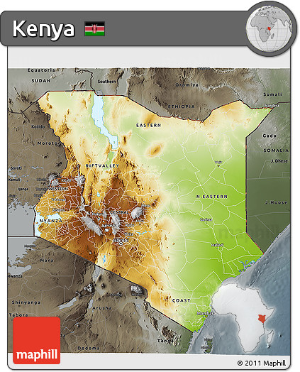 Physical 3D Map of Kenya, darken, semi-desaturated