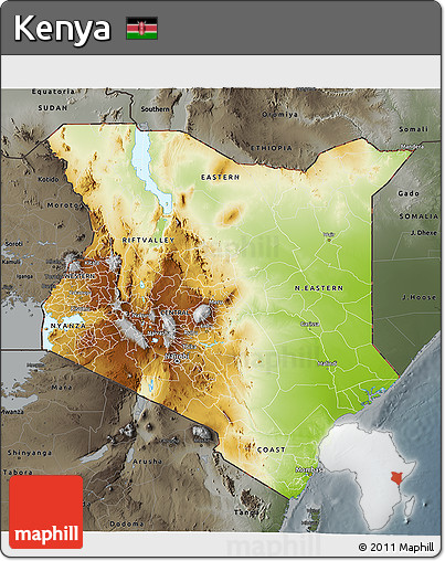 Physical 3D Map of Kenya, darken, semi-desaturated