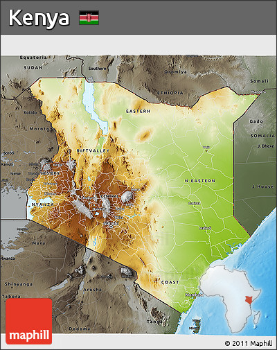 Physical 3D Map of Kenya, darken, semi-desaturated, land only