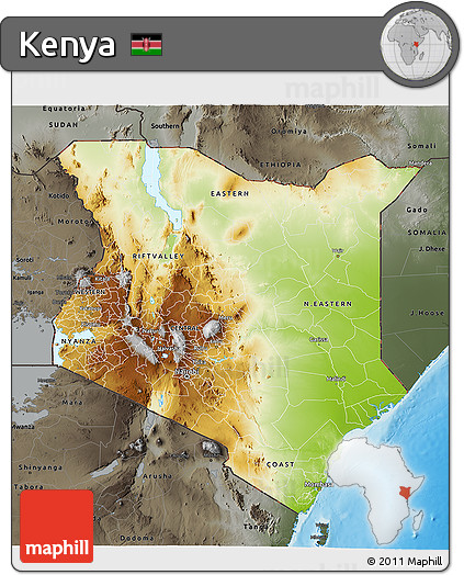 Physical 3D Map of Kenya, darken, semi-desaturated, land only