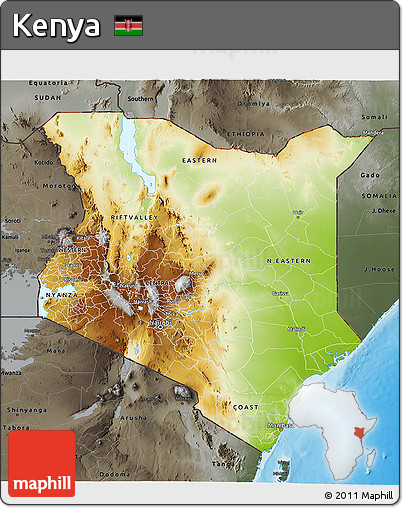Physical 3D Map of Kenya, darken, semi-desaturated, land only