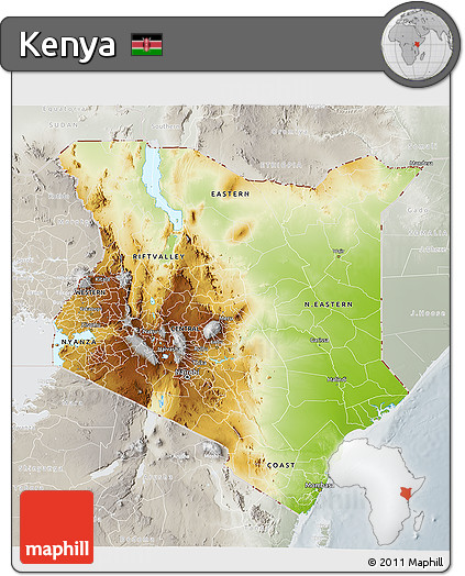 Physical 3D Map of Kenya, lighten, semi-desaturated