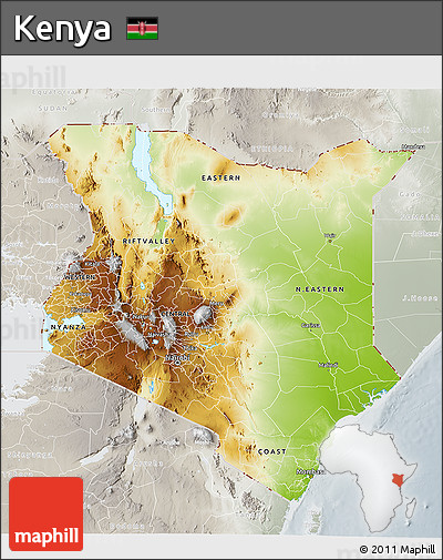 Physical 3D Map of Kenya, lighten, semi-desaturated