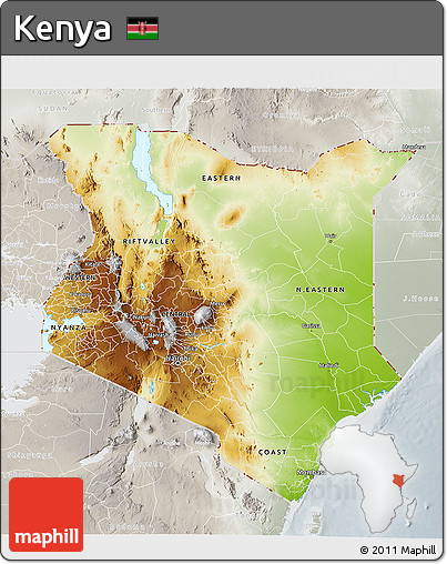 Physical 3D Map of Kenya, lighten, semi-desaturated
