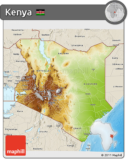 Physical 3D Map of Kenya, shaded relief outside