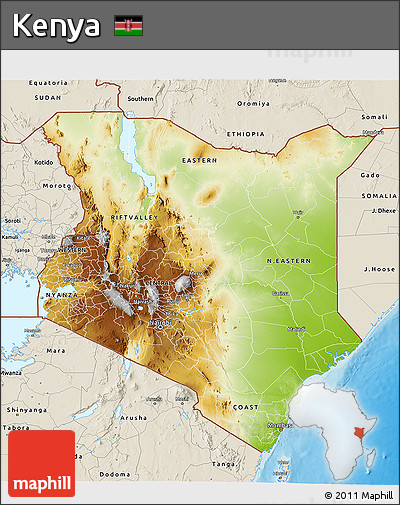Physical 3D Map of Kenya, shaded relief outside