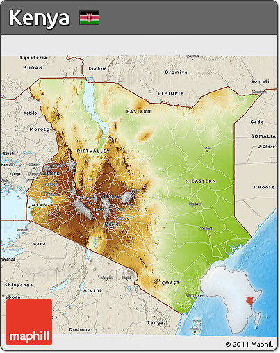 Physical 3D Map of Kenya, shaded relief outside