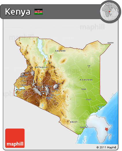 Physical 3D Map of Kenya, single color outside, bathymetry sea