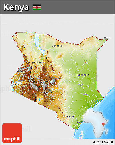 Physical 3D Map of Kenya, single color outside, bathymetry sea