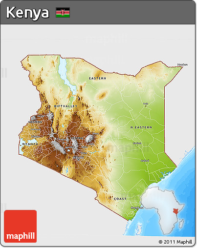 Physical 3D Map of Kenya, single color outside, bathymetry sea