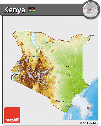 Physical 3D Map of Kenya, single color outside, bathymetry sea, shaded relief sea