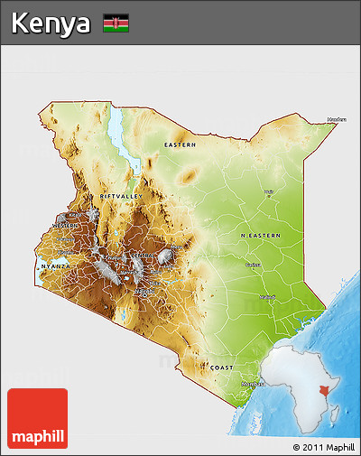 Physical 3D Map of Kenya, single color outside, bathymetry sea, shaded relief sea