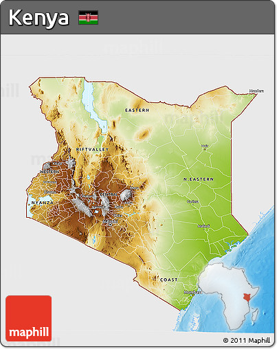 Physical 3D Map of Kenya, single color outside, bathymetry sea, shaded relief sea