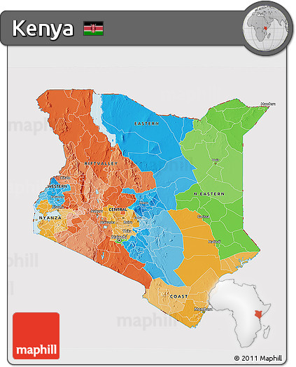 Political 3D Map of Kenya, cropped outside