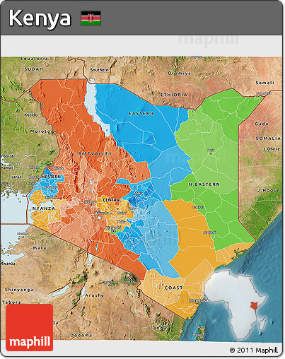 Political 3D Map of Kenya, satellite outside