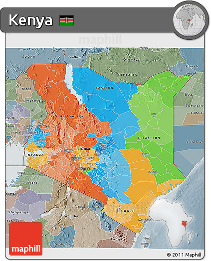 Political 3D Map of Kenya, semi-desaturated