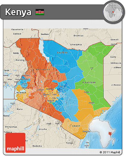 Political 3D Map of Kenya, shaded relief outside