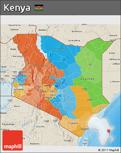 Political 3D Map of Kenya, shaded relief outside