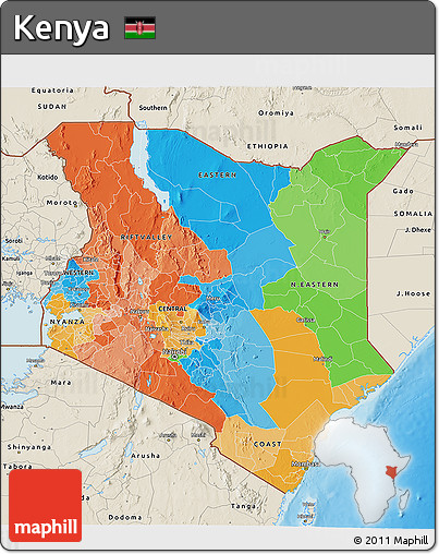 Political 3D Map of Kenya, shaded relief outside