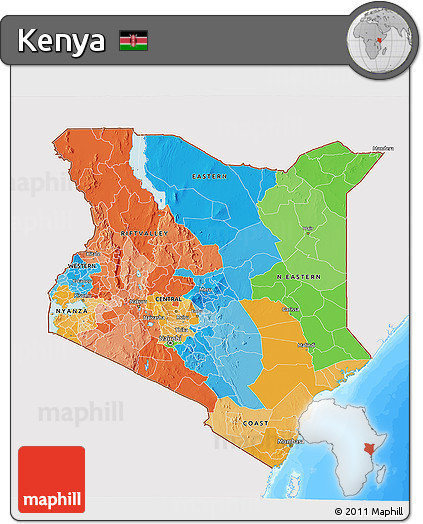 Political 3D Map of Kenya, single color outside, bathymetry sea