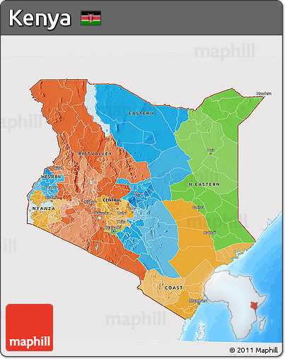 Political 3D Map of Kenya, single color outside, bathymetry sea