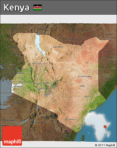 Satellite 3D Map of Kenya, darken, land only