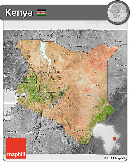Satellite 3D Map of Kenya, desaturated