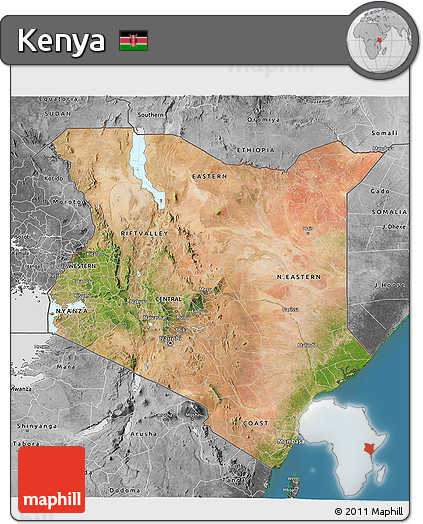 Satellite 3D Map of Kenya, desaturated, land only