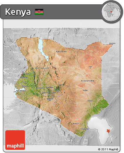 Satellite 3D Map of Kenya, lighten, desaturated
