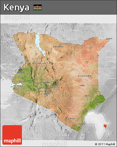 Satellite 3D Map of Kenya, lighten, desaturated