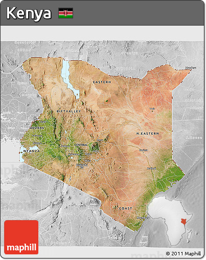 Satellite 3D Map of Kenya, lighten, desaturated