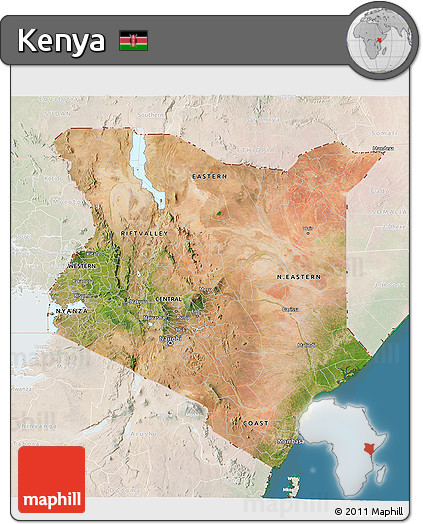 Satellite 3D Map of Kenya, lighten, land only