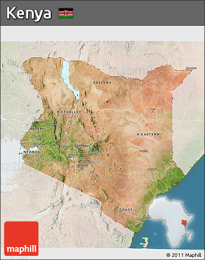 Satellite 3D Map of Kenya, lighten, land only